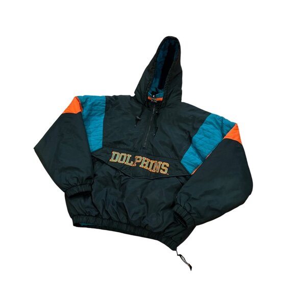 Vintage 1990's Starter Miami Dolphins NFL Puffer Hooded Jacket Black Men's Large - Picture 4 of 8